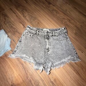 PacSun High-Rise Gray Acid Wash Frayed Hem Denim Shorts